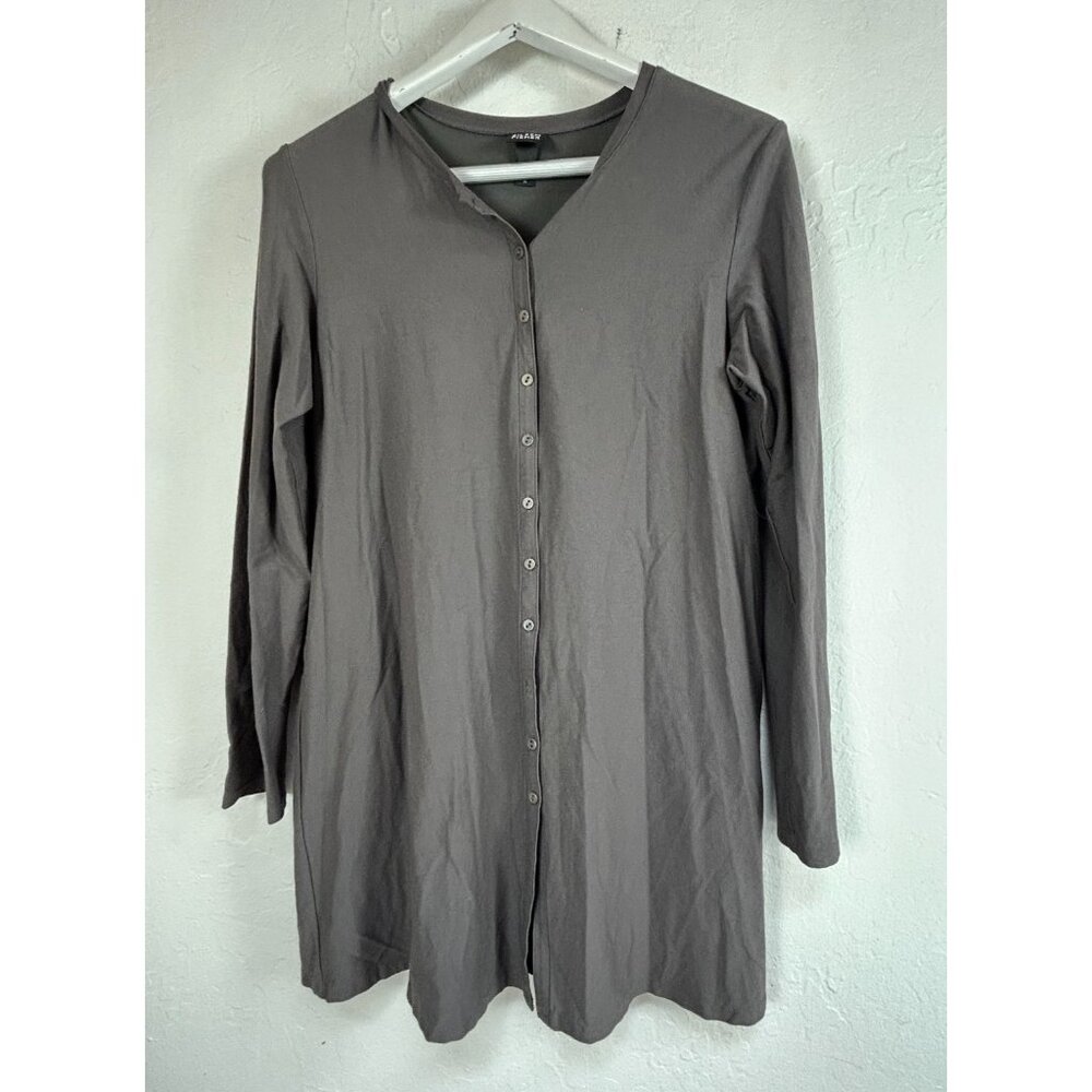 Eileen Fisher Womens Button Down Tunic Top Long Sleeve Black Size Medium Stretch